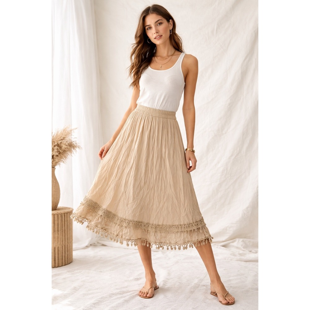 Krazy Kat Beige Gauze Crochet Lace Tassel Midi Skirt Women's Size L